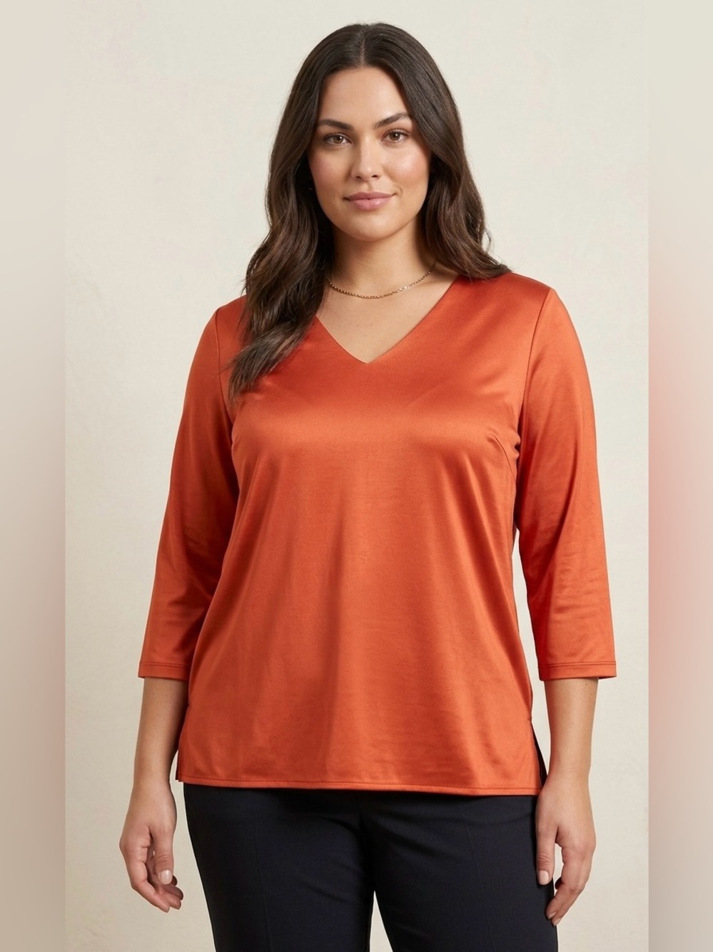 Jean Pierre Klifa Orange V-Neck 3/4 Sleeve Top Tunic Side Slit Size L